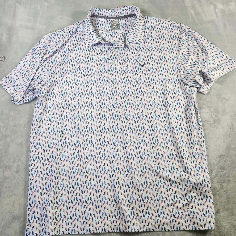 Callaway Polo Shirt Mens XL White Bird All Over Print Opti-Dri Performance‎ Golf